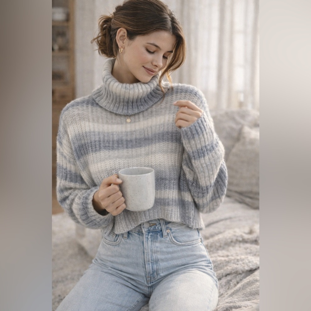 Gianni Bini Blue and Cream Striped Turtleneck Sweater - cropped - L